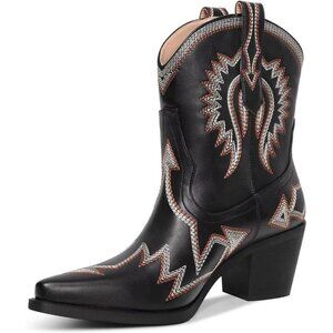 Women Metallic Embroidered Pointed Toe Cowgirl Boots Chunky Heel Pull-On Black